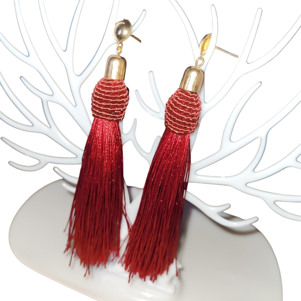 Red and gold tassel stud style earrings